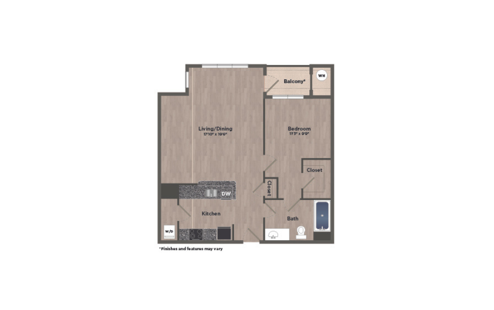 1 bed 1 bath P - 1 bedroom floorplan layout with 1 bath and 831 square feet.