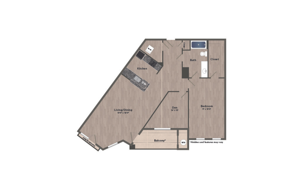 1 bed 1 bath Q - 1 bedroom floorplan layout with 1 bath and 913 square feet.